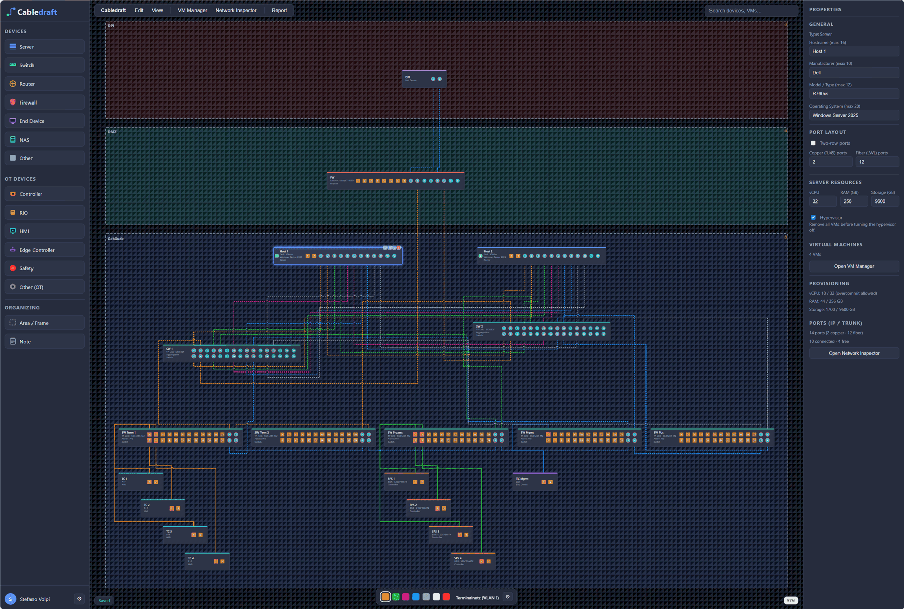 The Cabledraft canvas showing a network topology with devices and cabling.